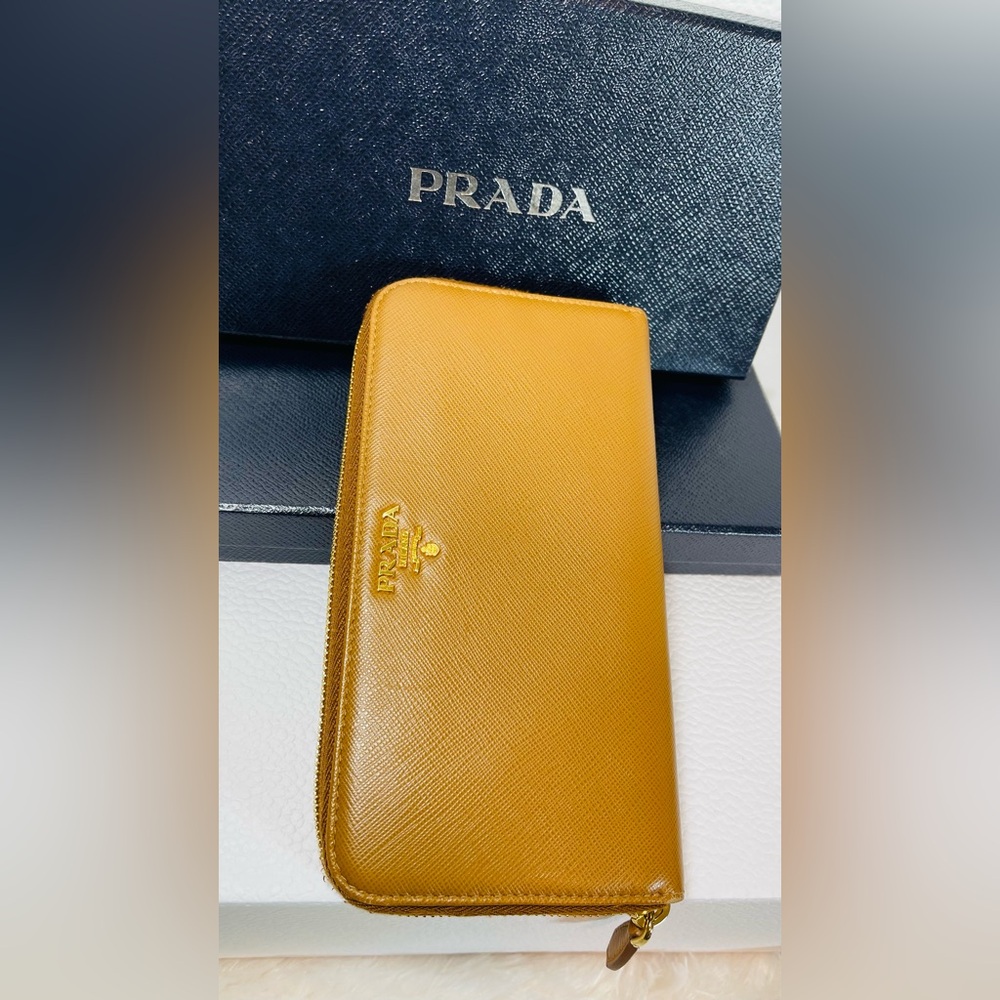 Prada Authentic Brown Big Saffiano Zip Wallet